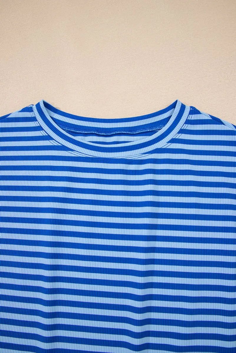Sky Blue Stripe Ribbed Cap Sleeve Round Neck T Shirt for Women - Love Salve